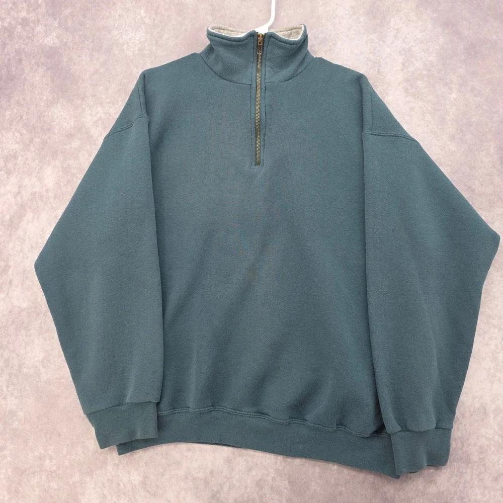 Vintage Tultex Quarter Zip Sweatshirt Mens Large Teal Green Pullover Made in USA